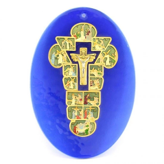 Quadro Via Crucis Ovale In Vetro Blu 25x36 Cm