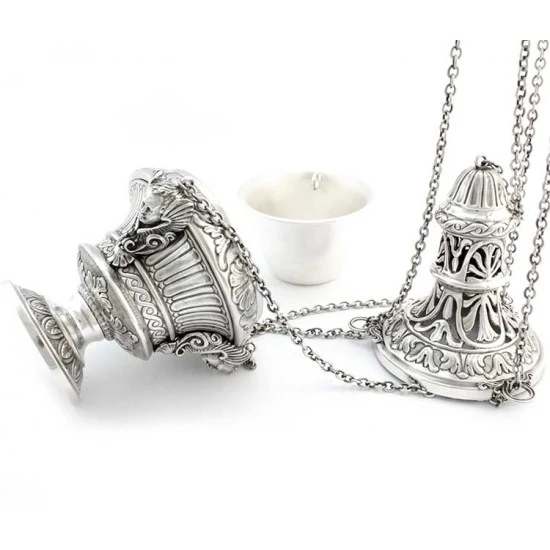 Turibolo Con Navetta In Fusione Cesellato Argentato 30 Cm - immagine 2