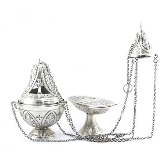 Turibolo Con Navetta In Ottone Cesellato Foglie 21 Cm - immagine 7