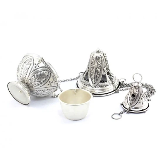 Turibolo Con Navetta In Ottone Cesellato Foglie 21 Cm - immagine 3