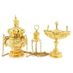 Turibolo Con Navetta In Fusione Dorata Stile Barocco 30 Cm