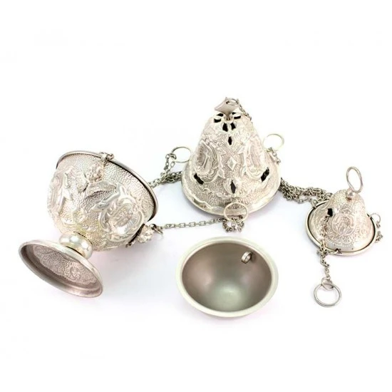 Turibolo E Navetta Cesellato Argentato Anticato 25 Cm - immagine 2