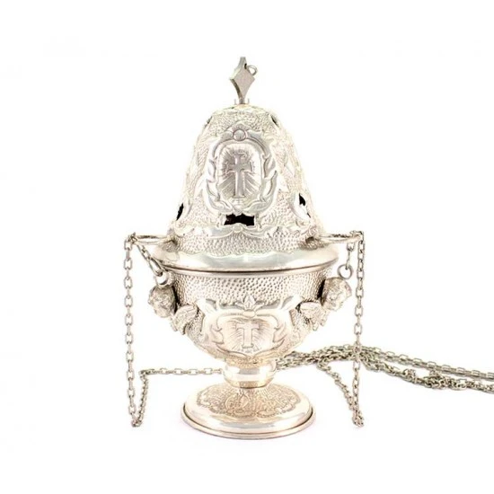 Turibolo E Navetta Cesellato Argentato Anticato 25 Cm - immagine 3