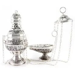 Turibolo E Navetta Ottone Argentato Cesellato 27 Cm