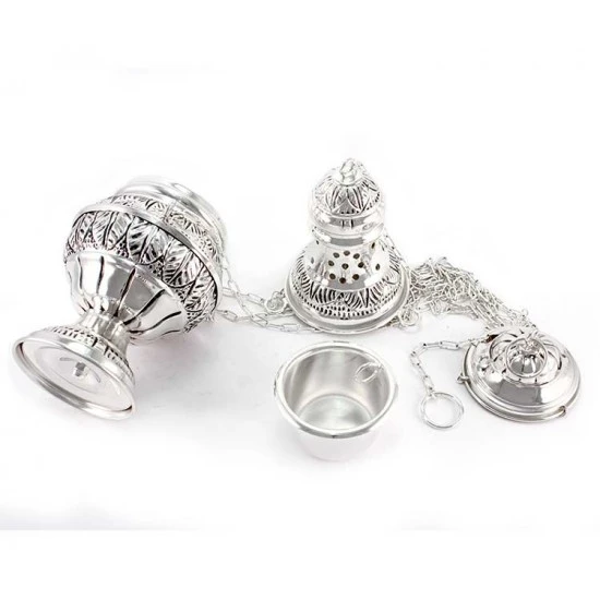 Turibolo E Navetta Ottone Argentato Cesellato 27 Cm - immagine 2