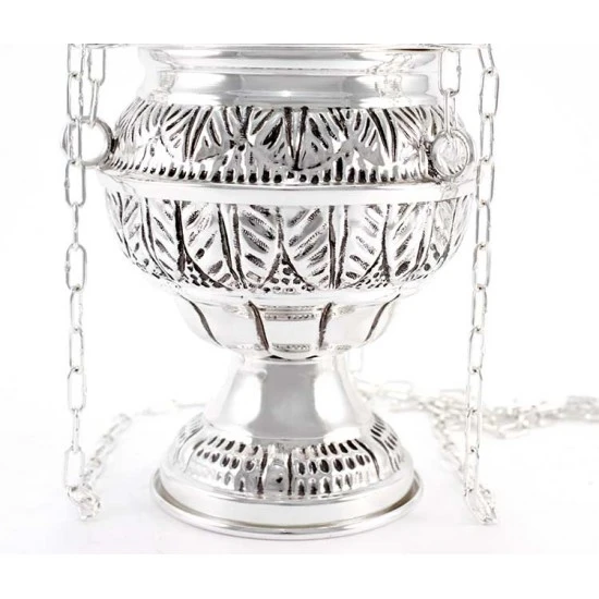 Turibolo E Navetta Ottone Argentato Cesellato 27 Cm - immagine 3