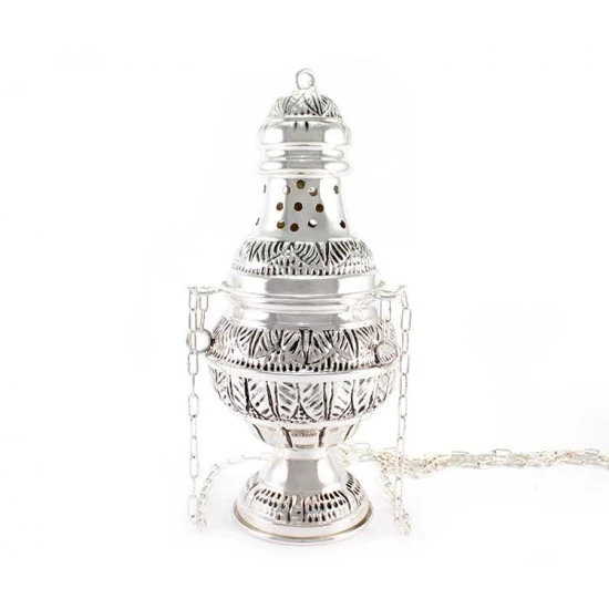 Turibolo E Navetta Ottone Argentato Cesellato 27 Cm - immagine 4