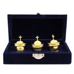Astuccio Con 3 Vasetti Per Oli In Ottone Dorato 6 Cm